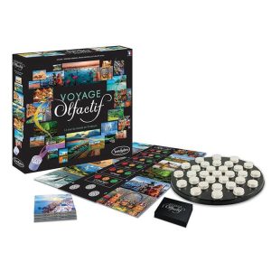 Plateau de jeu, boite et accessoires du jeu Voyage olfactif en 31 odeurs.