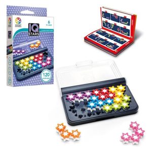 Jeu IQ Stars avec la boite du jeu, le plateau de jeu et les morceaux de jeu avec étoiles