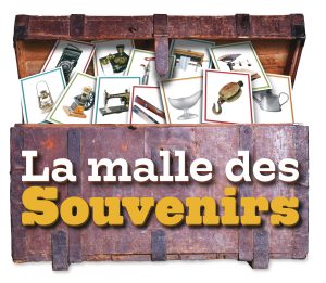 Jeu de souvenirs avec carte du Québec en papier et cartes d'objets anciens du quotidien